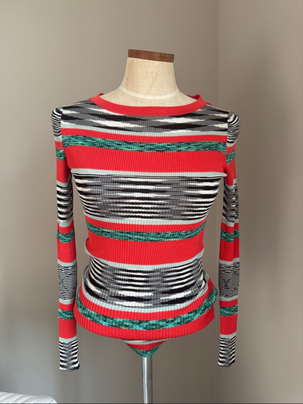 Missoni Striped Rib-Knit Long Sleeve Top in Coral, Black & Green